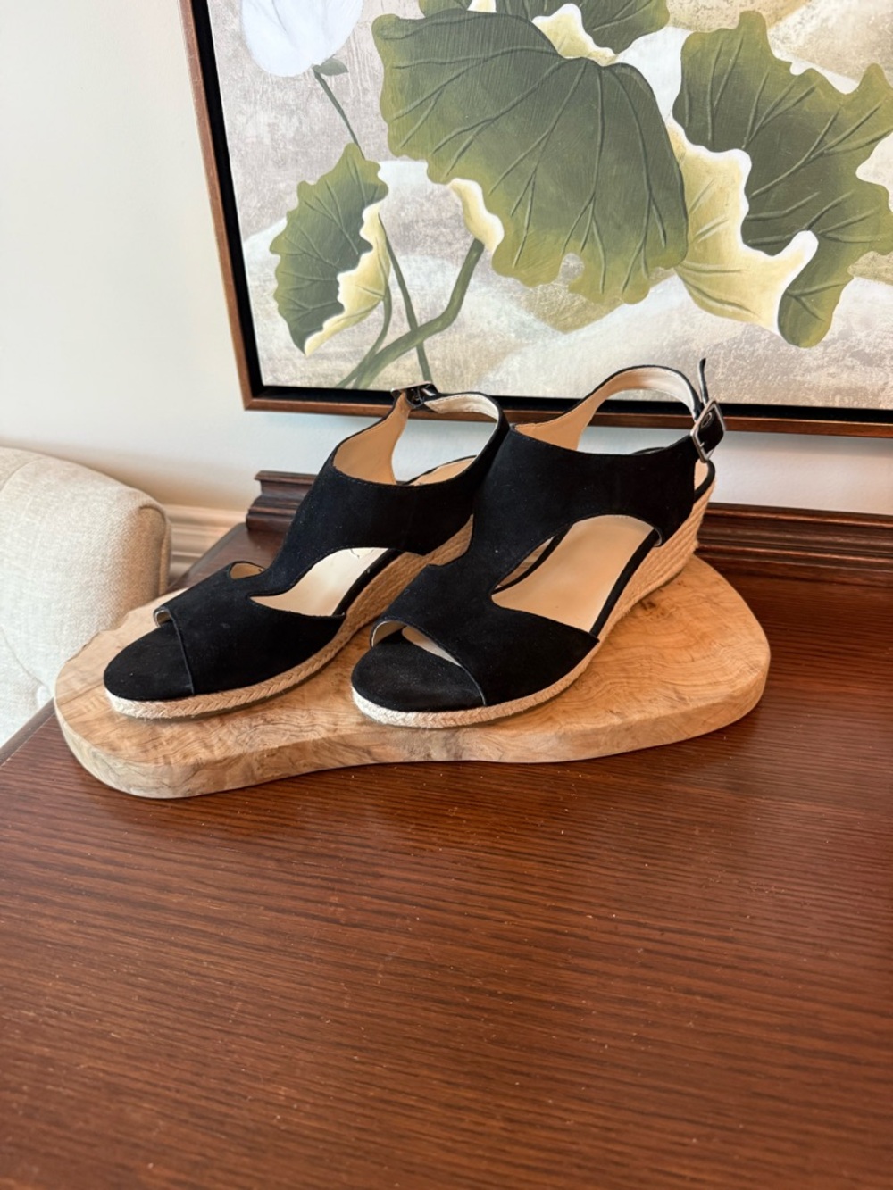 BANDOLINO Natasha Black Suede Woven Espadrille Wedge Heels Women Size 9